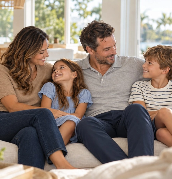 A smiling mother, father, daughter, and son relaxing together on a sofa in a bright living room